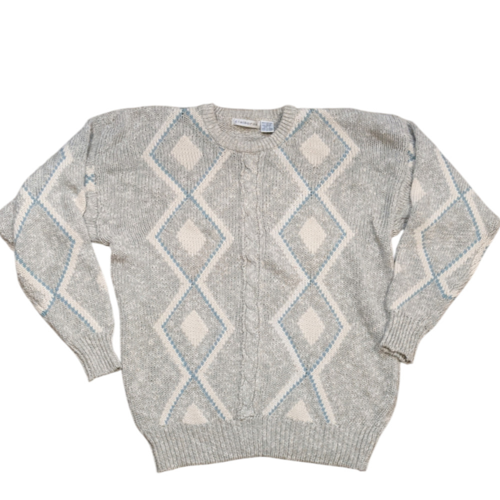 VTG Claiborne Cotton Cream Blue Argyle Knit Mens Sweater Grandpacore Large